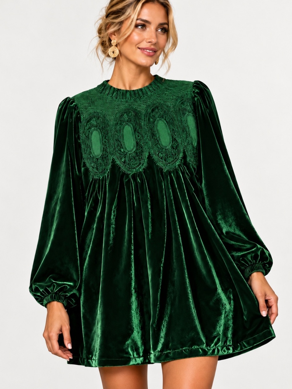 Emerald Green Velvet Lace Babydoll Mini Dress Puff Sleeve Holiday Party S NWT